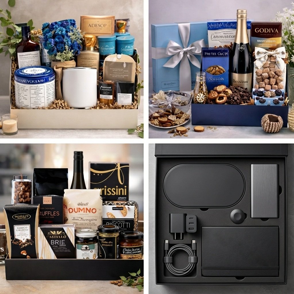 Corporate gifts Calgary - four curated gift options including baskets, boxes, and branded items